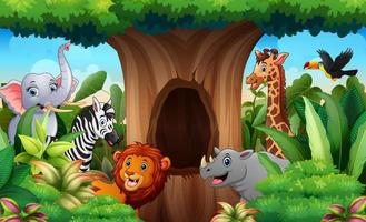 Zoo animals under the hollow tree landscape vector