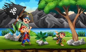 Cartoon pirates children looking for treasure on riverbank vector