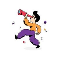 Illustration of a boy with a telescope. Vector. Flat style. The boy is looking for his way. Search for meaning in life at a young age. Astrology for children. We make a step towards knowledge. vector