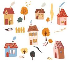 Different houses clipart set. Country houses, trees, lawns, paths and bushes. Concept for textile patter, nursery design, map design. Vector cartoon illustration, isolated elements.