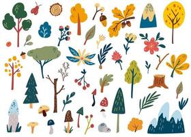 Forest plants clipart collection. Hand drawn woodland trees, herbs, mushrooms, flowers, branches, berries, leaves. Coniferous and deciduous.  Wild botanical set. Vector cartoon illustration.