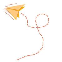 Flying paper plane with path dashed line. Origami airplane linear icon. Delivery, communication, travel sign. Vector hand draw cartoon illustration.