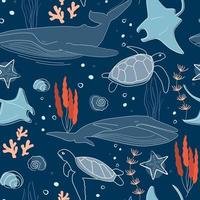 Seamless shell with marine animals. A whale, a turtle, a stingray fish, a starfish swim under the water. Sea print. Vector graphics.