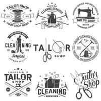 Set of tailor shop, cleaning company badges. Vector. Concept for shirt. Typography design with sewing, cleaning equipments silhouette. Retro design for sewing shop, cleaning service business vector