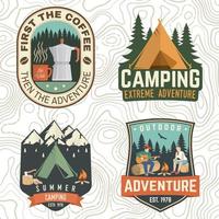 Set of Summer camp patches. Vector. Concept print, stamp, apparel or tee. Vintage design with coffee maker, campin tent, axe, mountain, campfire and forest silhouette vector