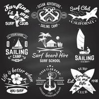 Set of sailing camp, yacht club and surf club badges. Vector. Concept for shirt, print, stamp. Vintage typography design with surfboard and sailing boat silhouette. Extreme water sport. vector