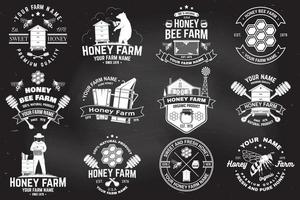 Set of Honey bee farm badge. Vector. Concept for print, stamp or tee. Vintage typography design with bee, honeycomb piece, hive and honey dipper silhouette. Design for honey bee farm business vector