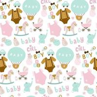 Seamless pattern of baby shower elements, elephant, toy, cloud, rainbow, milk, baby, bottle, sock, star. Vector illustration