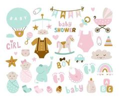 Hand drawn baby shower set with elements, elephant, toy, cloud, rainbow, milk, baby,  bottle, sock, star. Vector illustration