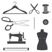 Set of sewing dressmaking and tailoring equipment silhouette icons. Vector. Set include sewing needle, mannequin, button, hanger and scissors. Equipment icons for for sewing shop business vector