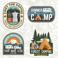 Set of Camping and caravanning club badges. Vector. Concept for logo, print, stamp, patch or tee. Vintage typography design with camp trailer, coffee maker, forest and mountain silhouette. vector