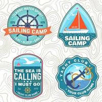 Set of summer sailing camp patches. Vector. Concept for shirt, stamp or tee. Vintage typography design with sea anchors, hand wheel, sail boat and rope knot silhouette. Ocean adventure. vector