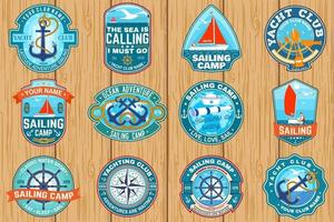 Set of summer sailing camp patches. Vector. Concept for shirt, stamp or tee. Vintage typography design with sea anchors, hand wheel, sail boat and rope knot silhouette. Ocean adventure. vector