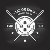 Tailor shop badge. Vector. Concept for shirt, print, stamp label or tee. Vintage typography design with sewing needle and button silhouette. Retro design for sewing shop business vector