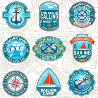 Set of summer sailing camp patches. Vector. Concept for shirt, stamp or tee. Vintage typography design with sea anchors, hand wheel, sail boat and rope knot silhouette. Ocean adventure. vector