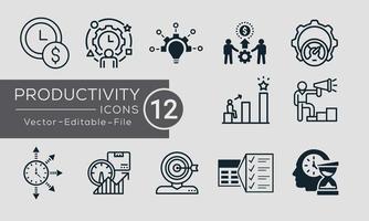 Set of Productivity concept icons design. Contains such icons performance, goal, process, time management and more, can be used for web and apps. Free Vector