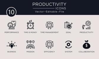 conjunto de diseño de iconos de concepto de productividad. contiene tales íconos de rendimiento, objetivo, proceso, gestión del tiempo y más, se pueden usar para web y aplicaciones. vector libre