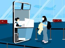 Passengers check in by phone to reduce congestion, keep their distance. vector