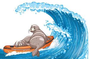 Seals in inflatable boat in cartoon style vector