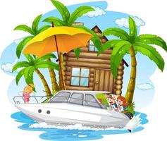 Bungalow tropical island and children in a boat vector