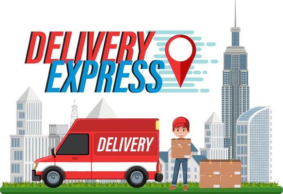 Delivery Express wordmark with courier delivering packages
