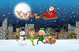 Snowy winter night with Santa Claus on sleigh and elves vector