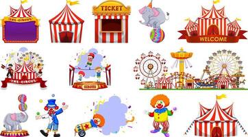 conjunto de personajes de circo y elementos del parque de atracciones. vector