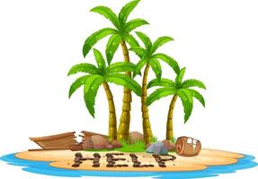 Deserted island with broken boat lying on the beach with help sign vector