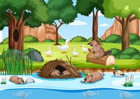 Beaver family in the forest with ducks vector