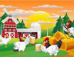 Farm scene with a group of chickens cartoon character vector