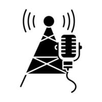 Broadcasting industry glyph icon. Telecommunications and network. Soundwave signal. Telecom tower and microphone. Streaming equipment. Silhouette symbol. Negative space. Vector isolated illustration