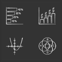 conjunto de iconos de tiza de gráfico y gráfico. histograma horizontal y vertical con tasas de interés. curva de función. Diagrama de Venn con índices. trigonometría. negocio. Ilustraciones de vector pizarra