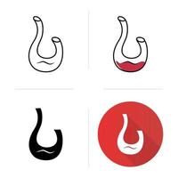 Decorative swan decanter icons set. Wine service. Alcohol beverage. Aperitif drink. Tableware, glassware. Flat design, linear, black and color styles. Isolated vector illustrations