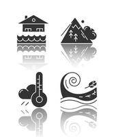 Natural disaster drop shadow black glyph icons set. Geological and atmospheric hazards. Flood, avalanche, weather forecast, tsunami. Destructive force of nature. Isolated vector illustrations