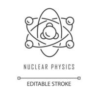 Nuclear physics linear icon. Atomic structure. Electrons, neutrons and protons. Subatomic molecular particles. Thin line illustration. Contour symbol. Vector isolated outline drawing. Editable stroke