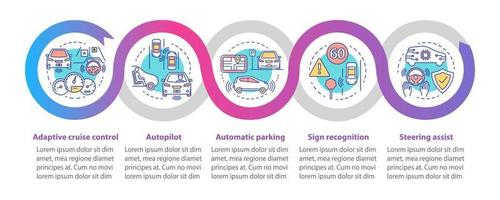 Self-driving car features vector infographic template. Business presentation design elements. Data visualization with five steps and options. Process timeline chart. Workflow layout with linear icons