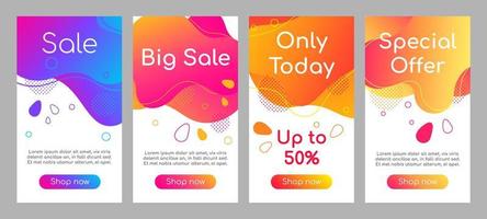 Sale abstract fluid mobile app screen mockup set. Discount, special offers bubble web banner, social media stories, website colorful design. Online store webpages template with liquid gradient shapes vector