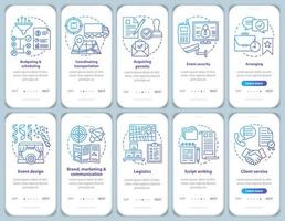Event management and planning service onboarding mobile app page screen with linear concepts. Special events industry walkthrough instructions. UX, UI, GUI vector templates set with illustrations