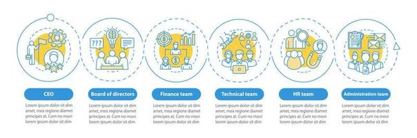 plantilla infográfica vectorial del personal de la empresa. director general, junta directiva. equipo corporativo. elementos de diseño de presentación de negocios. visualización de datos con seis pasos. gráfico de línea de tiempo del proceso. diseño de flujo de trabajo vector