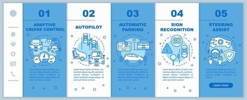 Self-driving car features onboarding mobile web pages vector template. Responsive smartphone website interface idea with linear illustrations. Webpage walkthrough step screens. Color concept