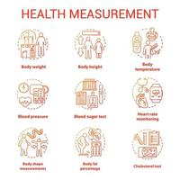 Body measuring tools concept icons set. Weight, height check idea thin line illustrations. Monitoring cardiological parameters, heart rate, pulse. Vector isolated outline drawings. Editable stroke..