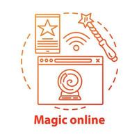 Magic online concept icon. Modern esoterics idea thin line illustration. Internet technology, witchcraft, fortune telling service. Wizard wand and crystal ball vector isolated outline drawing