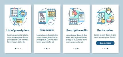 Lista de recetas y pantalla de la página de la aplicación móvil de incorporación de farmacias en línea con conceptos lineales. recargas rx. instrucciones gráficas de cuatro pasos de tutorial. ux, ui, plantilla de vector de interfaz gráfica de usuario con ilustraciones