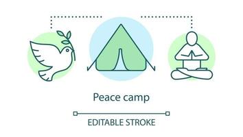 Peace camp concept icon. Anti war movement, nonviolent resistance, pacifism idea thin line illustration. White dove, tent and meditating protester vector isolated outline drawing. Editable stroke