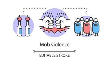 Mob violence concept icon. Civil unrest, vandalism, rebelion control idea thin line illustration. Molotov cocktails, fists and riot police with shields vector isolated outline drawing. Editable stroke