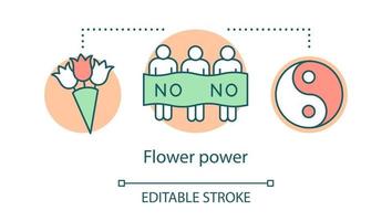 Flower power concept icon. Hippie movement, nonviolence ideology idea thin line illustration. Yin and yang sign, protesters with banner and bouquet vector isolated outline drawing. Editable stroke