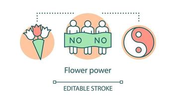 Flower power concept icon. Hippie movement, nonviolence ideology idea thin line illustration. Yin and yang sign, protesters with banner and bouquet vector isolated outline drawing. Editable stroke