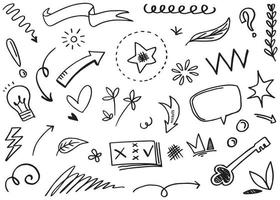 Abstract arrows, ribbons, crowns, hearts, explosions and other elements in hand drawn style for concept design. Doodle illustration. Vector template for decoration