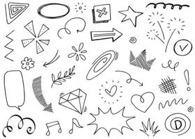 Abstract arrows, ribbons, crowns, hearts, explosions and other elements in hand drawn style for concept design. Doodle illustration. Vector template for decoration