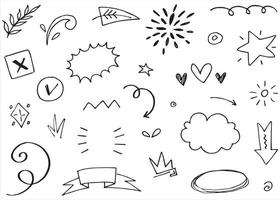 Abstract arrows, ribbons, crowns, hearts, explosions and other elements in hand drawn style for concept design. Doodle illustration. Vector template for decoration